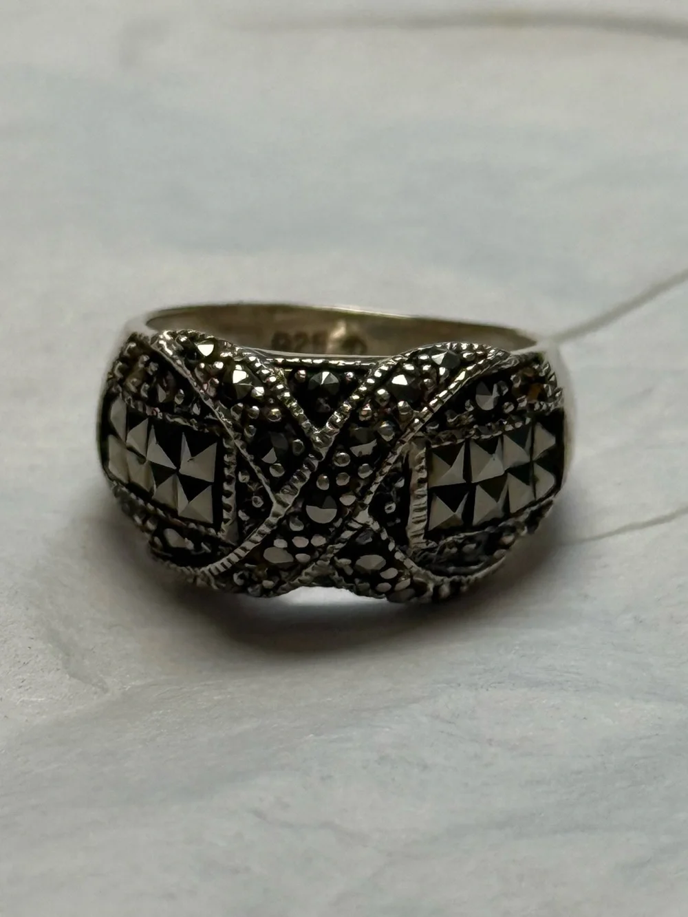 Sterling Silver Marcasite Criss Cross Statement Ring Size 5.5